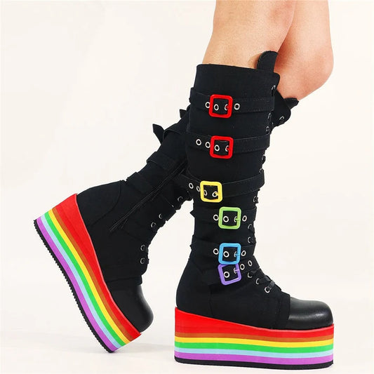 The Rainbow Chunky Multi-Color: NORITA Knee-High Boots From high-quality leather